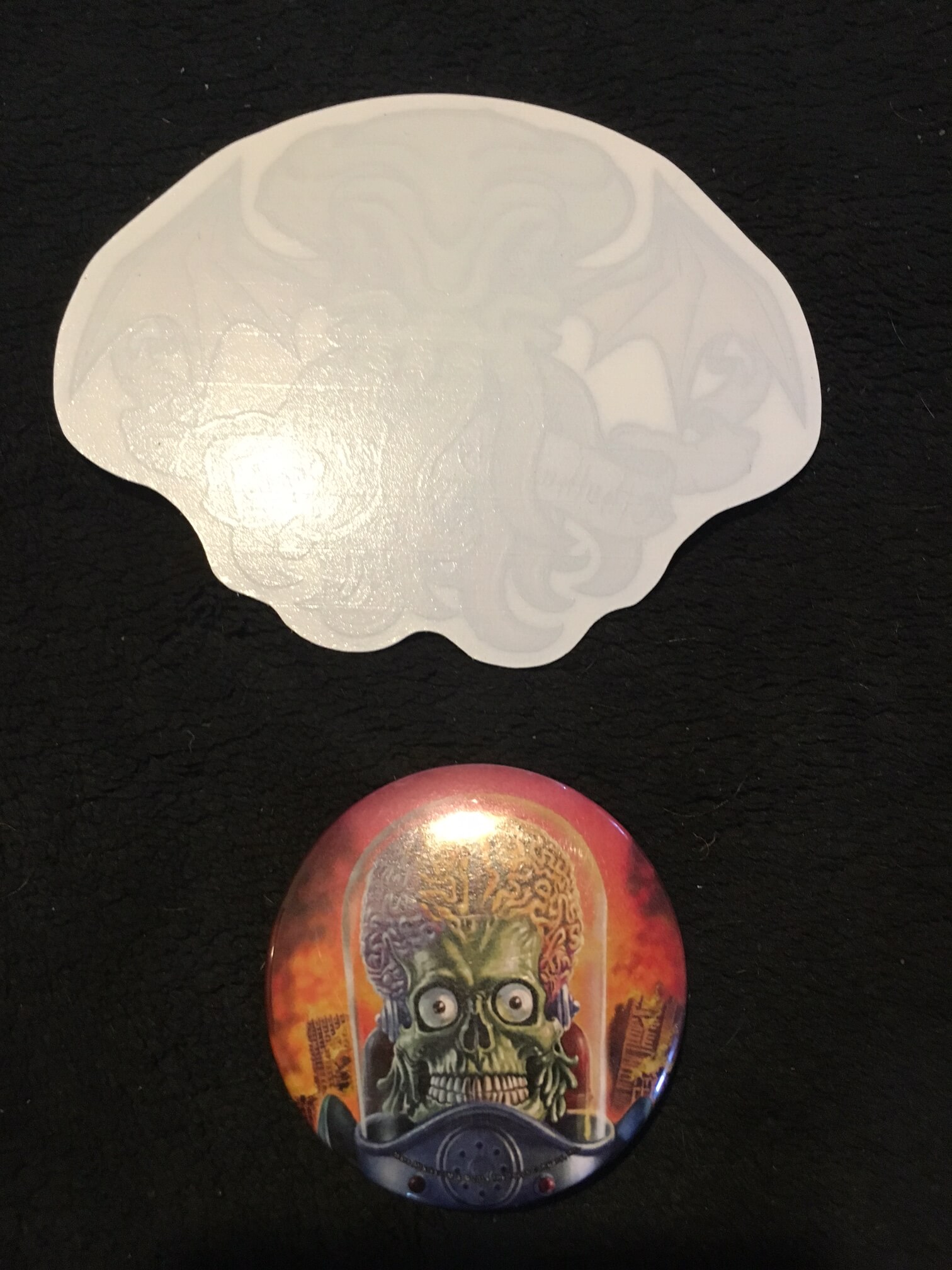 Mars Attacks Martian King pin and Cthulhu sticker August Box of Dread
